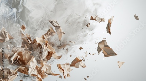  a white background with a lot of brown pieces of paper flying in the air with smoke coming out of them.