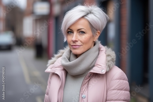 Portrait of a beautiful middle-aged woman wearing a pink coat and scarf.