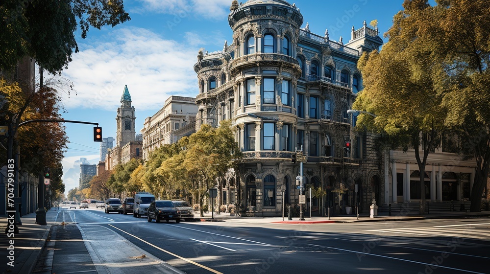 Naklejka premium Impressive buildings and wide roads in a downtown city