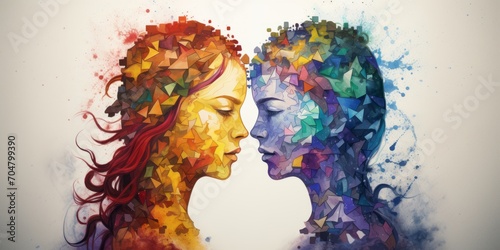 An artwork depicts two women, their faces turned towards each other in a vibrant display.