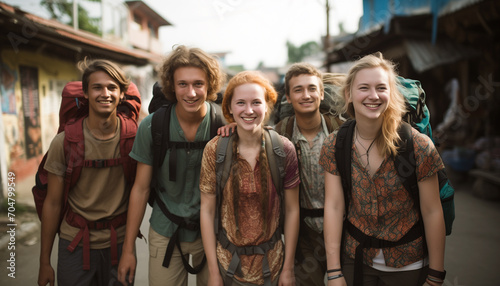 バックパックを背負って旅行する若い男女5人組 photo