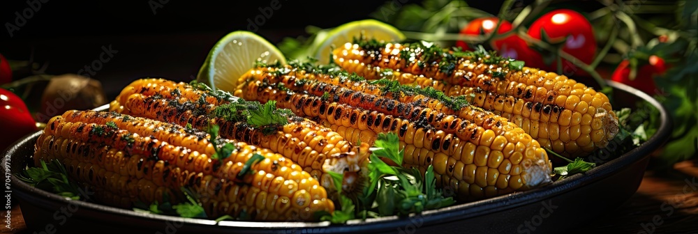 Cooked sweet corn, Ideas for barbecue and grill parties. Grilled corn grilled on fire.  On a dark stone table, black plate Copy space top view, Generative AI