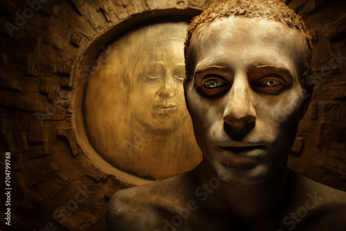 A statue depicts a humanoid figure, its face etched with a tortured expression.