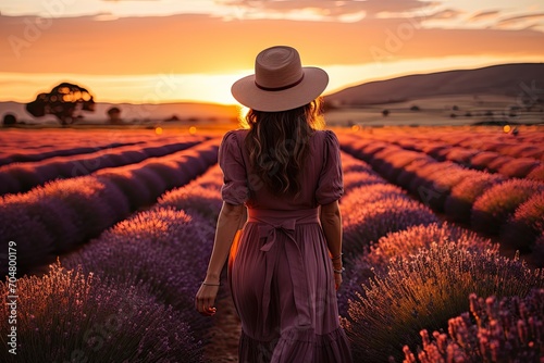 Happy caucasian woman with long hair and a hat walking through in purple lavender flowers field,back view, Generative AI © Анатолий Савицкий