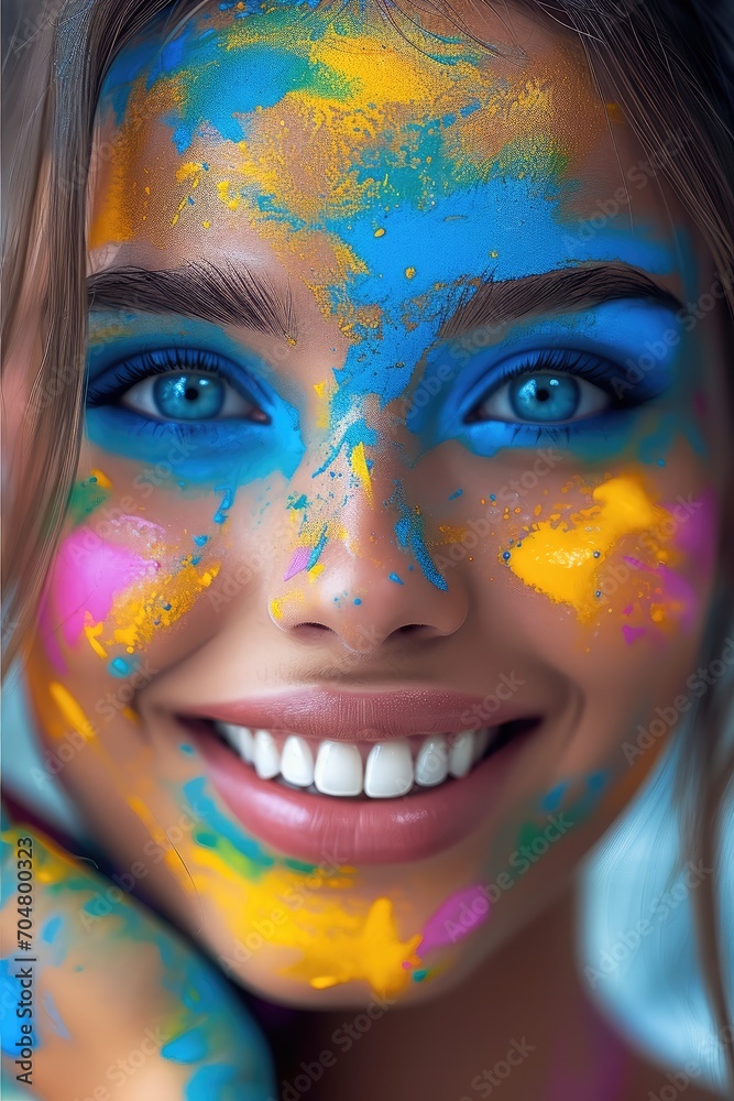 Beautiful woman smiling covered in colorful paint, Bright blue eyes, Happy. Generative AI. Beautiful woman smiling covered in colorful paint, Bright blue eyes, Happy. Generative AI.