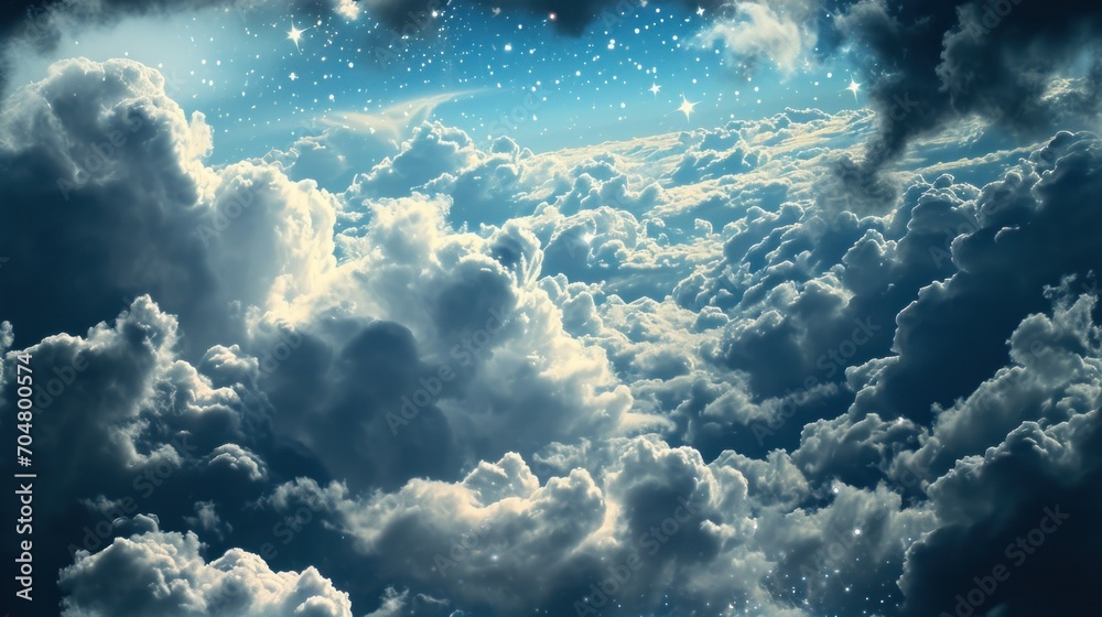 Naklejka premium the sky is full of clouds with stars in the middle of the clouds and the moon in the middle of the clouds.