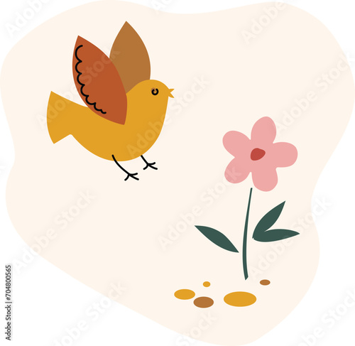 small bird flies around a flower. Simple vector illustration, flat design style