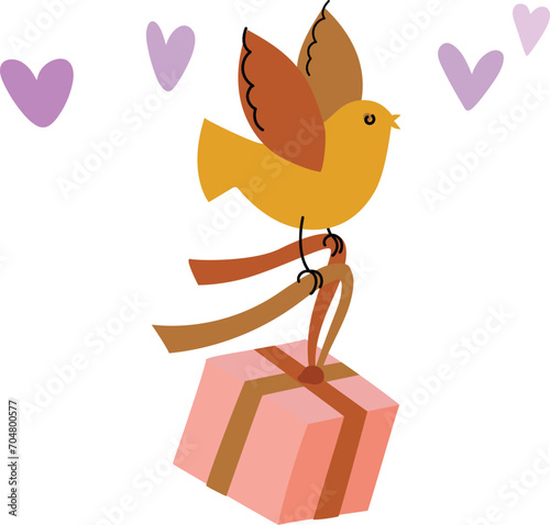 Little bird carries a box with a gift. Simple vector illustration, flat design style