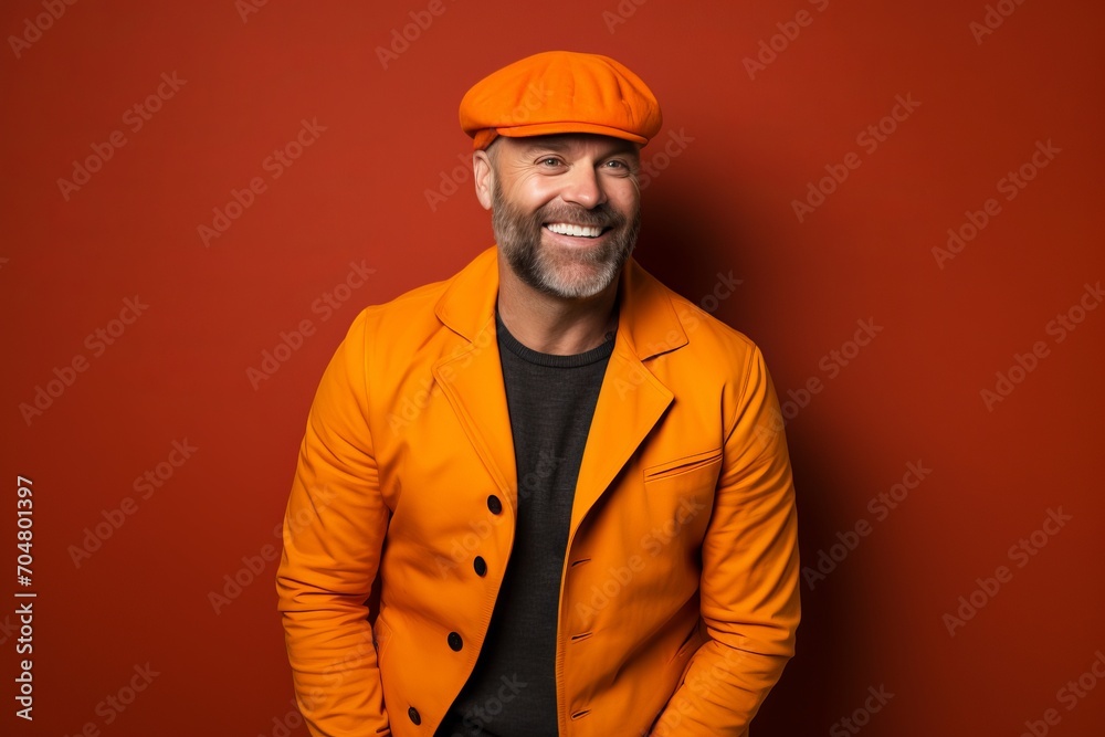 Portrait of a cheerful mature man in orange jacket and cap.