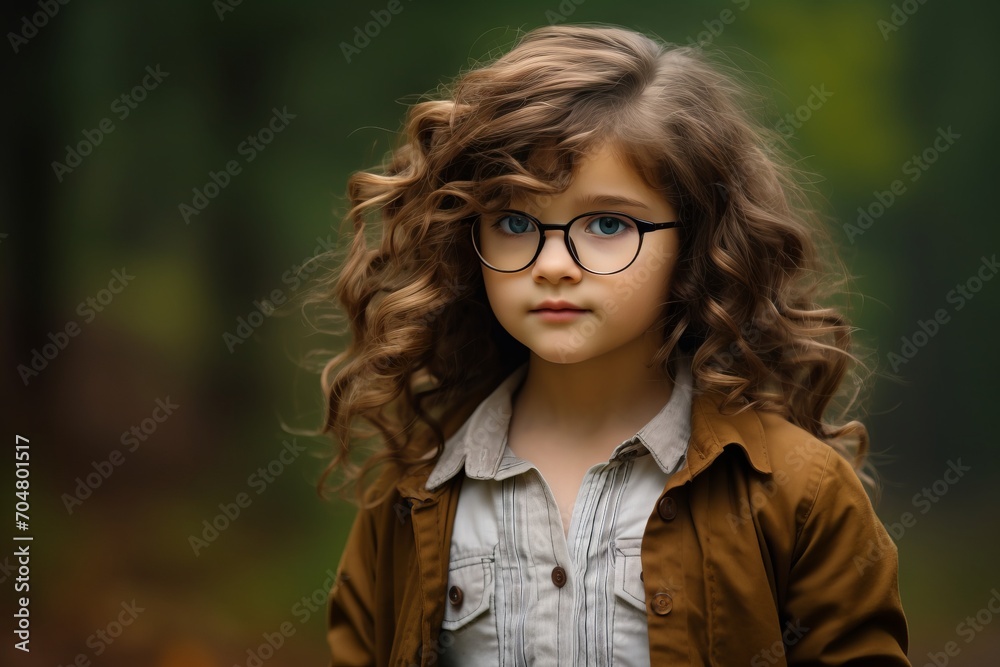 Portrait of a beautiful little girl with long curly hair in a brown coat and glasses. Portrait of a beautiful little girl with long curly hair in a brown coat and glasses.