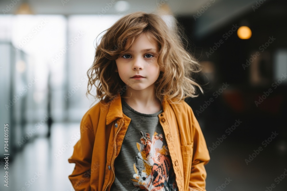 Portrait of a cute little girl with curly hair in an orange jacket