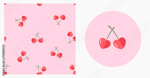 Seamless pattern with heart shape cherry on pink background. Cherry logo on circle sign vector.