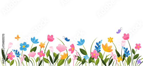 Horizontal cartoon banner with gorgeous multicolored blooming flowers, butterflies and leaves border. Spring or summer botanical flat vector illustration on white background with empty space.