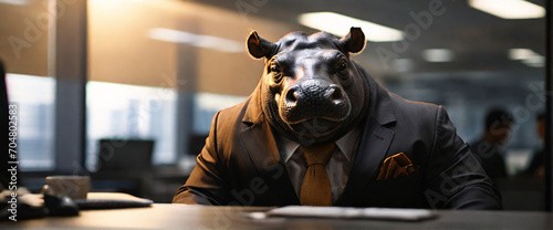 buying stocks with a mesmerizing depiction of an business Hippo, their back presented in a half-turn, wearing suits in an office, seated in front of a commanding monitor, engrossed in the process of