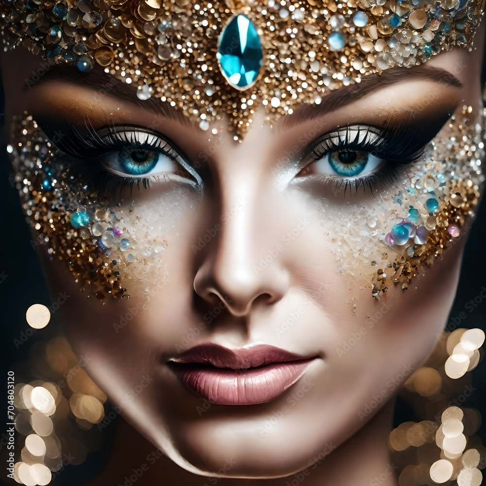 close-up photograph of a model gorgeous face of a woman made of glitter and sparkles and jewelry close-up photograph of a model gorgeous face of a woman made of glitter and sparkles and jewelry