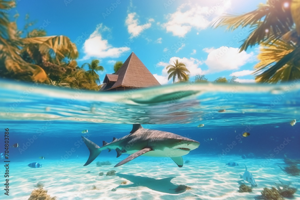 Fototapeta premium Shark swims in clear blue water near resort beach, theme of ocean life, coral reefs, wildlife and tourism, generated by AI