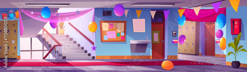 School hallway during holiday or graduation event decorated with party flags, balloons and drapery. Cartoon vector illustration of prom party celebration. Corridor interior with stairs and lockers