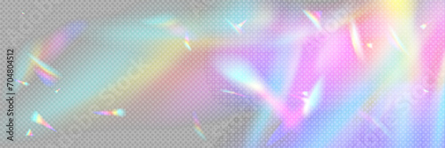 Rainbow light flare effect. Vector realistic illustration of holographic crystal refraction, background overlay, iridescent sunlight leak, lens glare, abstract beam reflection on water or film surface