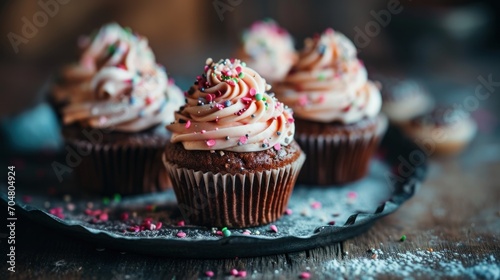  a close up of a plate of cupcakes with frosting and sprinkles on a table.