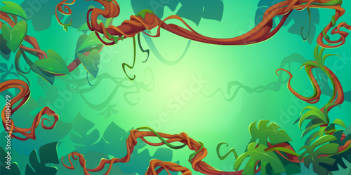 Liana branch frame on green background. Vector cartoon illustration of twisted jungle plant vines with foliage, rainforest tree stems, travel banner or adventure game backdrop design, tropic leaves