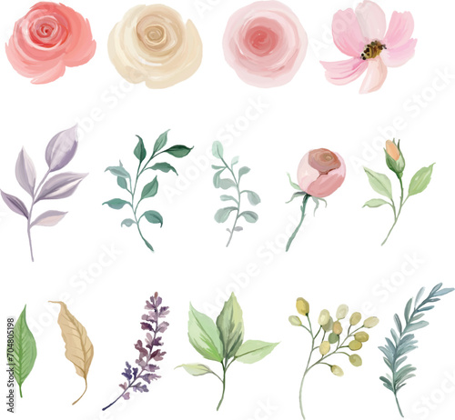 Collection of watercolor floral illustrations.collection of individual elements of green leaves - for bouquets, bouquets, wedding invitations, birthdays, birthdays, postcards, greetings.