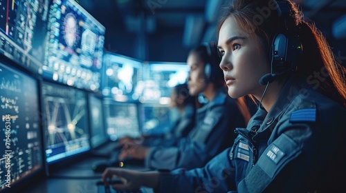 Female and Male Military Officers Working at System Control Center, Government Surveillance Agency and Military Joint Operation. Generative AI. photo