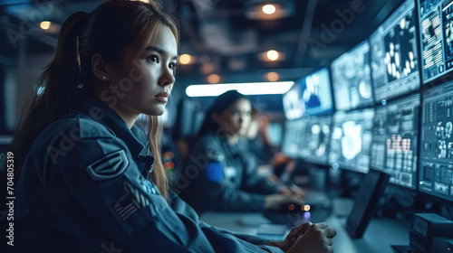 Female and Male Military Officers Working at System Control Center, Government Surveillance Agency and Military Joint Operation. Generative AI.