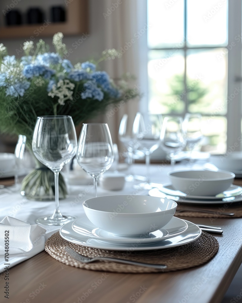 All white elegant dining table set up. Generative AI. All white elegant dining table set up. Generative AI.