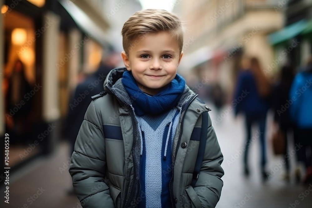 Portrait of a cute little boy in winter coat and blue scarf