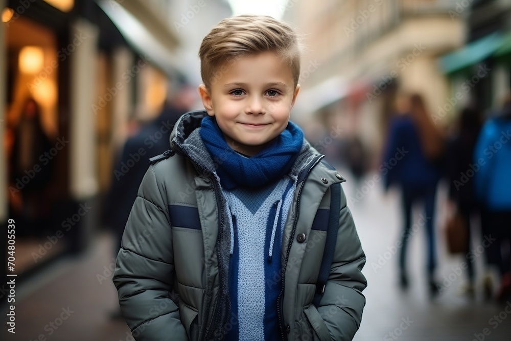 Portrait of a cute little boy in winter coat and blue scarf Portrait of a cute little boy in winter coat and blue scarf