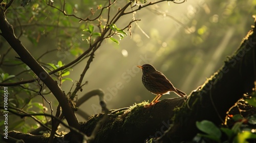  a small bird perched on a mossy tree branch in the middle of a forest with sunlight streaming through the trees. © Olga