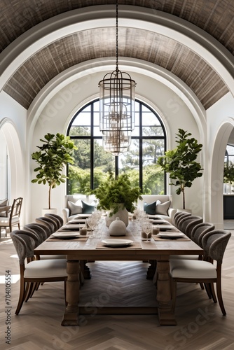 Elegant dining room with large windows and a wood ceiling