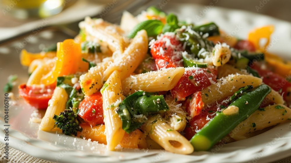 a plate of pasta with broccoli, peppers, and parmesan sprinkles on it. a plate of pasta with broccoli, peppers, and parmesan sprinkles on it.
