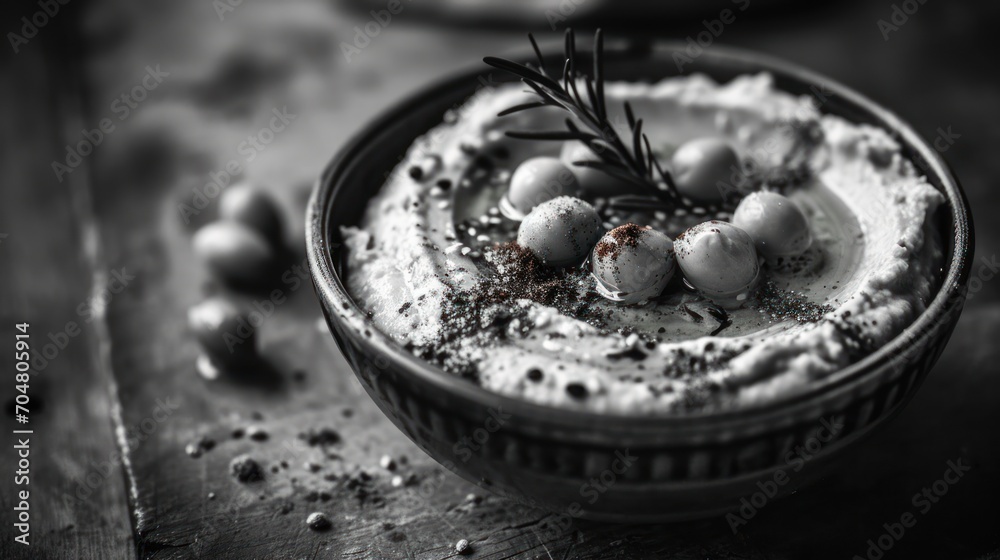 a close up of a bowl of food with a sprig of rosemary on the top of the bowl. a close up of a bowl of food with a sprig of rosemary on the top of the bowl.