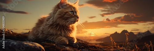 Closeup of brown sfenks cat on a sunset sky background.Animal wide web banner