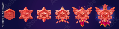 Hexagon shape badge with star, various stages of decorations evolution for game level rank ui design. Cartoon vector illustration set of red trophy medal or emblem with gemstones and drapery progress.