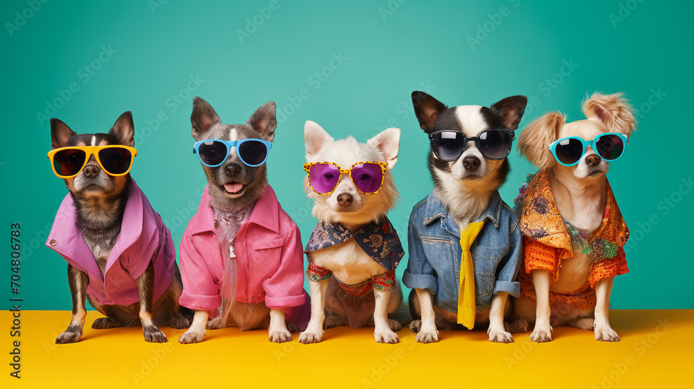  Dogs in bright  bright fashionable outfits on a brightly colored background
