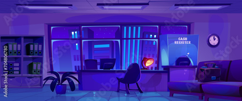 Empty dark bank office interior at night. Cartoon vector illustration of room for clients service with computer and lamp on manager table, cash register with glass wall, cabinet with document and sofa