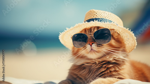 A cat wearing a hat on the beach. Summer vacation with pets © Ainur