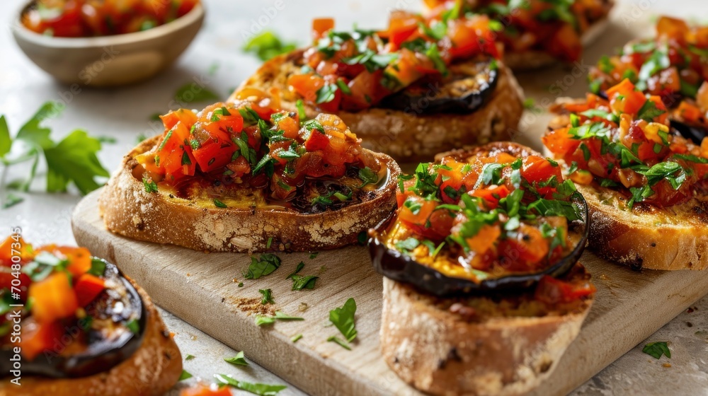 a wooden cutting board topped with slices of bread covered in veggie toppings and garnished with parsley. a wooden cutting board topped with slices of bread covered in veggie toppings and garnished with parsley.
