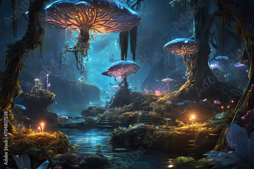 Enchanting Pandora night. Bioluminescent forest with glowing plants  creatures  woodsprites. Serene scene evoking an otherworldly landscape.