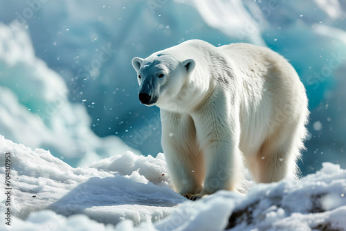 A panoramic scene featuring a polar bear standing in the wild during winter, surrounded by snow and ice.