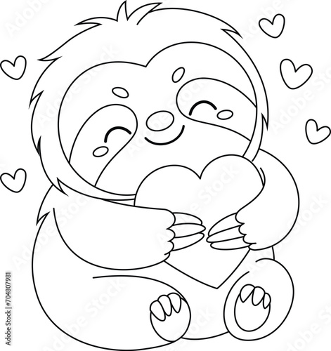 Cute sloth with heart illustration coloring page  