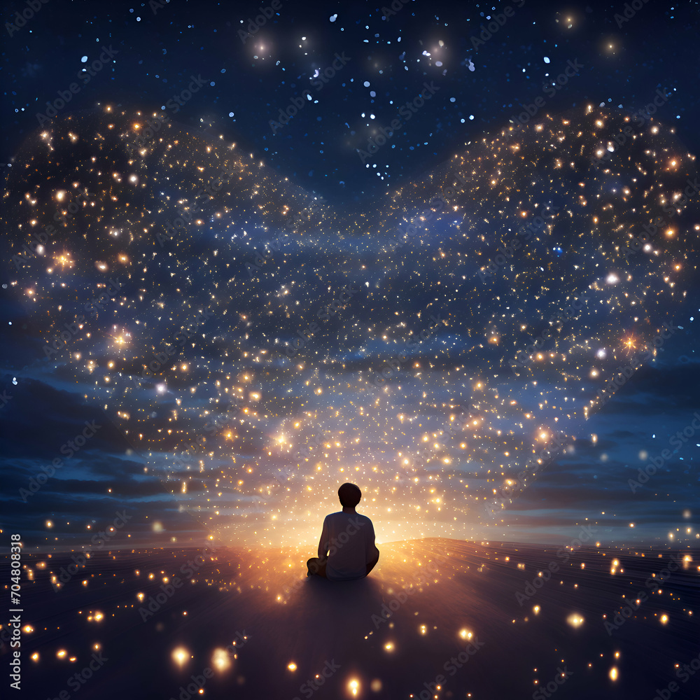 Man meditating in the starry sky with a lot of stars