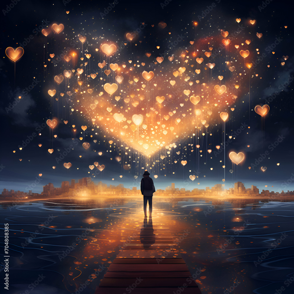 Woman standing on wooden pier and looking at heart shaped lights. Valentine's day concept