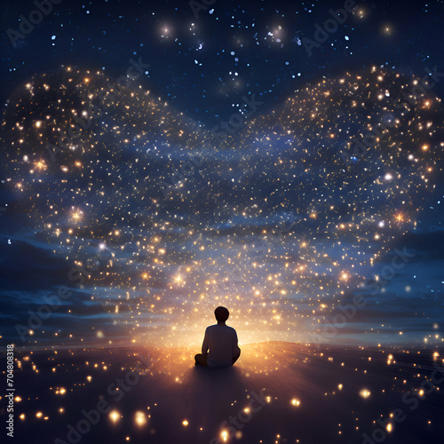 Man meditating in the starry sky with a lot of stars © Wazir Design