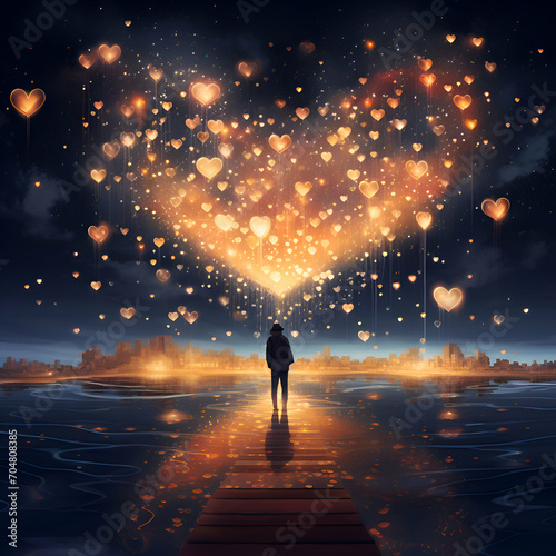 Woman standing on wooden pier and looking at heart shaped lights. Valentine's day concept