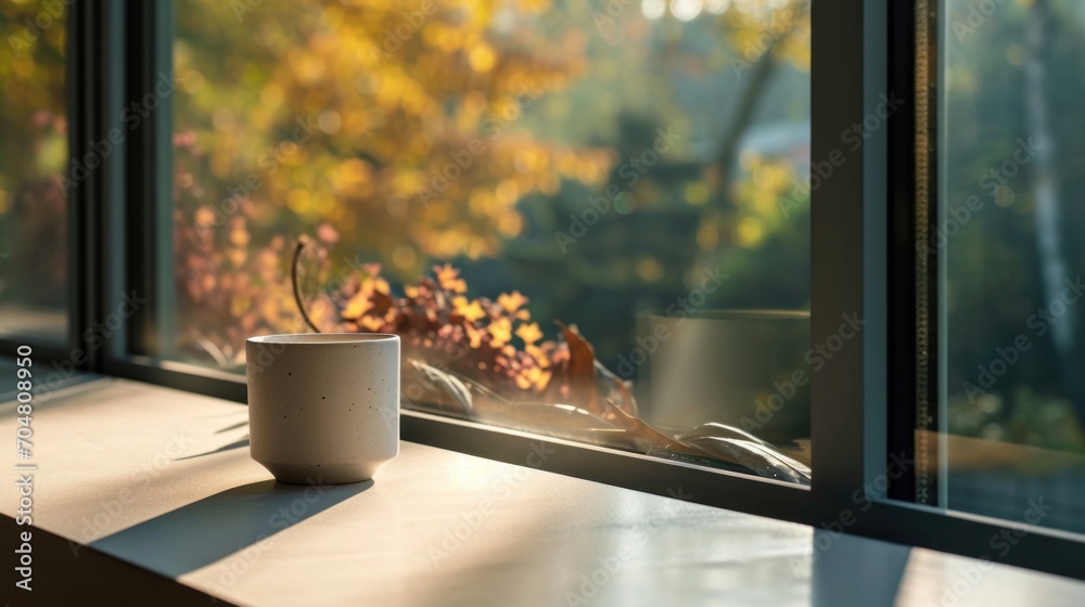  a coffee cup sitting on a window sill in front of a window with a view of the trees outside.