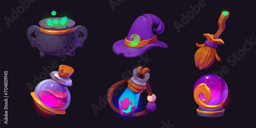 Wizard or witch game cartoon icons. Vector illustration of magic staff of cauldron with mystery green potion, purple hat and wooden broom, fantasy fortune ball and amulet, glass bulb with pink poison.