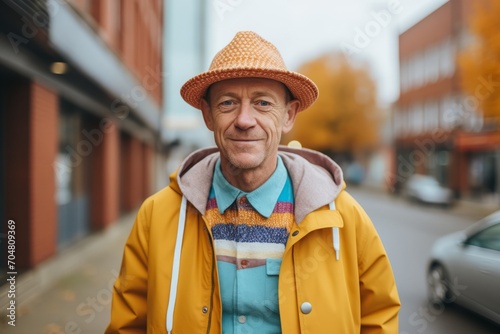 Portrait of smiling senior man in yellow coat and hat on the street